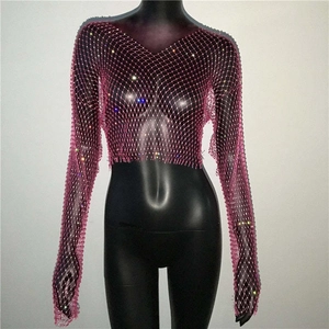 Detail of rose pink hollow fishnet cropped top with sparkling rhinestones and V-neckline