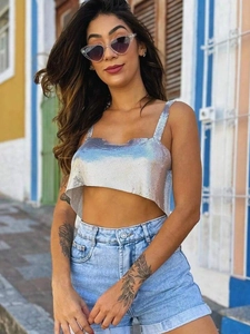 Sexy silver metallic sequin crop top camisole with thin straps for women's party wear