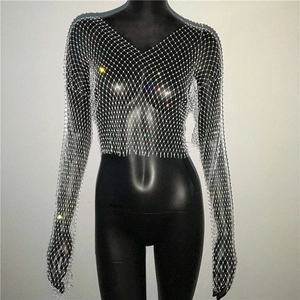 Detailed view of silver rhinestones on V-neck fishnet long sleeve mesh top for party wear