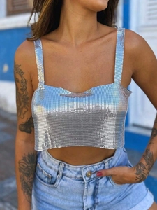 Silver metal sequin crop top tank with chainmail texture for party clubwear style