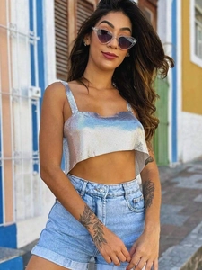 Sexy silver metallic sequin crop top with spaghetti straps and reflective finish for parties