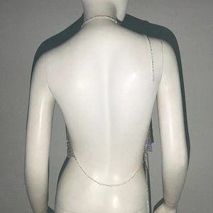 Détail de la chaîne de corps en strass argentés avec bretelles dos nu et licou en métal
