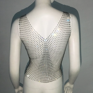 Detail of sexy rhinestone mesh tank top with deep V back design on mannequin
