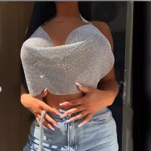 Funkelndes silbernes Strass-Halterneck-Top mit V-Ausschnitt für Partys und Clubs