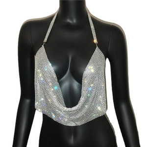 Glänzendes silbernes Strass-Halterneck-Top mit tiefem Ausschnitt für Partys