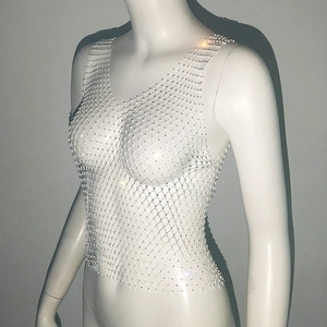 Close-up of sparkling rhinestone mesh crop top for women in party style on a mannequin