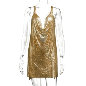 Mini robe sexy à paillettes dorées avec col en V profond pour fête et club