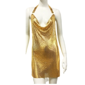 Sexy gold metal mesh halter mini dress with plunging neckline and backless design for parties