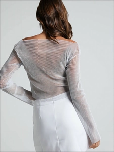 Silver mesh off-the-shoulder long sleeve top with shimmering metallic sheer fabric