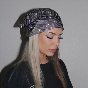 Sparkling rhinestone mesh beanie for women in black and silver featuring high elasticity