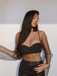 Women Sexy Mesh Rhinestone Long Sleeve Fishnet Crop Top See Through Sparkly Party Clubwear Mesh T-Shirt