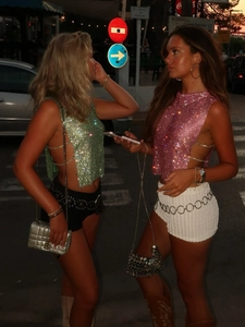 Women's Sexy Rhinestone Metal Mesh Tank Top High Neck Sleeveless Short Side Slit Clubwear Party Sparkly Backless Top
