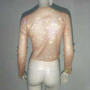 Macro detail of sparkling colorful rhinestones on mesh long-sleeved sheer top for women