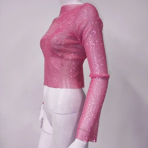 Detail of rose pink long sleeve cropped top with sparkling rhinestones on mesh fabric