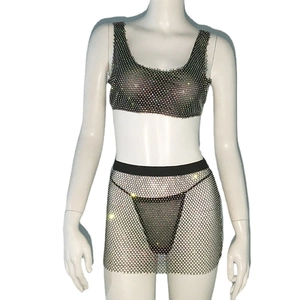 Three-piece sexy bikini set with rhinestone mesh vest and mini skirt in shiny black