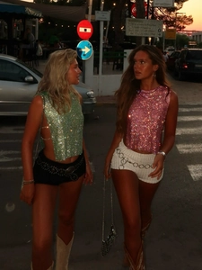 Sparkly sequin party crop top in green and pink colors for a stylish evening out