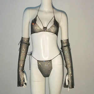 Detail of silver rhinestone bikini set with halter top and matching arm sleeves