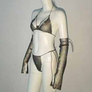 Detail of rhinestone mesh bikini set with halter top and matching long arm sleeves