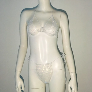 Detailed macro view of luxury silver rhinestone bikini set with halter top and side ties