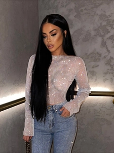 Maglietta da Donna Sexy con Strass Scintillanti in Rete Spalle Scoperte Manica Lunga Trasparente Fishnet Crop Top Party Clubwear