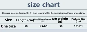 Size chart for rhinestone fishnet headpiece showing dimensions and head circumference