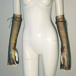Detailed view of silver mesh sleeves with rainbow rhinestones and thumb hole design