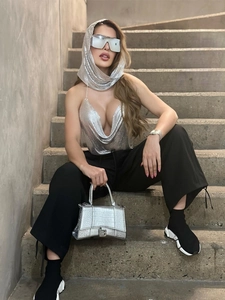 Haut Licou en Maille Métallique Sexy pour Femmes Ensemble de Foulard à Paillettes Scintillantes pour Fête
