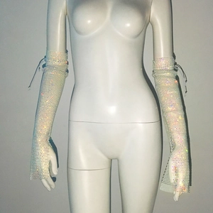 Long silver mesh mesh gloves with sparkling rhinestones and adjustable drawstring tie