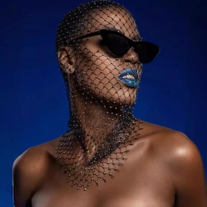 Elastic Rhinestone Fishnet Head Cover Full Face Mask Hollow Mesh Bonnet For Nightclub Party Gothic Stage Wear Women Fashion Accessory