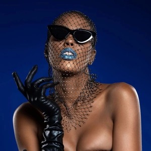 Elastic fishnet headpiece with rhinestones and black mesh cutout style for women