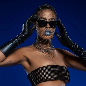 Sparkly rhinestone mesh hood and matching beaded tube top with gloves for party style