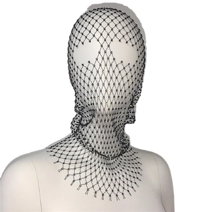 Black rhinestone fishnet headpiece face mask with drape design for party and festival fashion