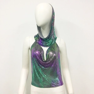 Macro detail of holographic gradient metal sequin mesh hooded halter top with draped neck