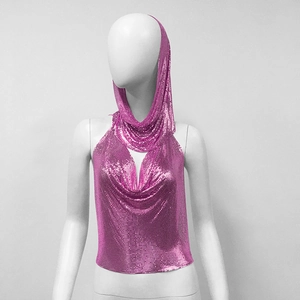 Detail of pink metallic mesh halter top showing the sequin texture and hood structure