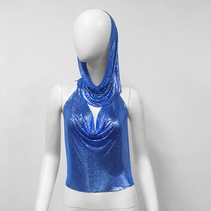 Detail of royal blue metal mesh sequin hooded top with draped V-neck for parties
