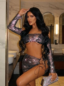 Sexy Strass Netz Durchsichtiges Schlauch-Top Und Minirock Mit Schnürung Passendes Co-ords Für Damen Nachtclub Party Outfits