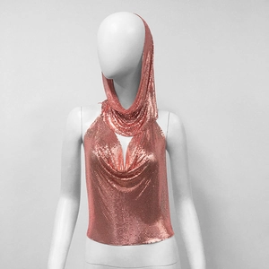 Detail of rose gold metal sequin halter top with matching hooded chainmail texture