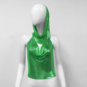 Detail showing neon green sequin chainmail halter top with cowl hood for party