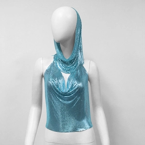 Detail of light blue metal sequin halter top with integrated hood and deep V-neckline