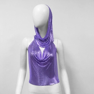 Close-up of purple sequin halter top with integrated hood and metal mesh texture