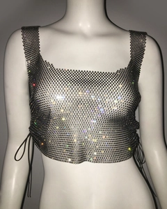 Close-up of sparkling rhinestone mesh tank top with side drawstring ties for women