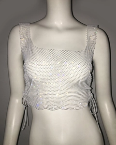 Detail of silver rhinestone mesh crop top with adjustable side drawstring ties