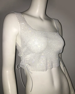 Detail of silver rhinestone mesh crop top with side drawstring ties for women