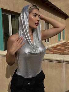 Silver metallic chainmail hooded halter top with sequins for Y2K clubwear style