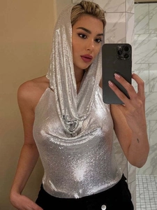 Sexy silver metal sequin hooded halter top with backless design for party and clubwear