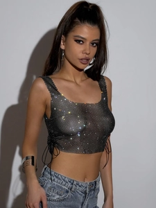 Women Sexy Rhinestone Fishnet Tank Top Side Drawstring Crop Top Mesh Sleeveless Sparkly Party Clubwear Vest