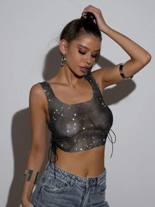 Sparkly rhinestone mesh crop top with side drawstrings and U-neck for fashionable women
