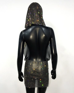 Close-up back view of black mesh rhinestone cowl neck dress with hooded backless details