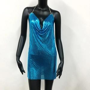 Close-up of bright blue metal mesh fabric with shiny sequins on a cowl neck dress