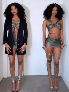 Tenues Sexy en Résille avec Strass pour Femmes Haut Dos Nu et Minijupe Party Clubwear Night Out Noir Blanc